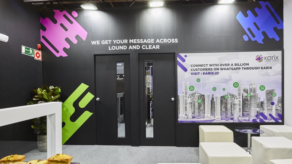 Karix booth at MWC 2019 - printed graphics in the lounge area