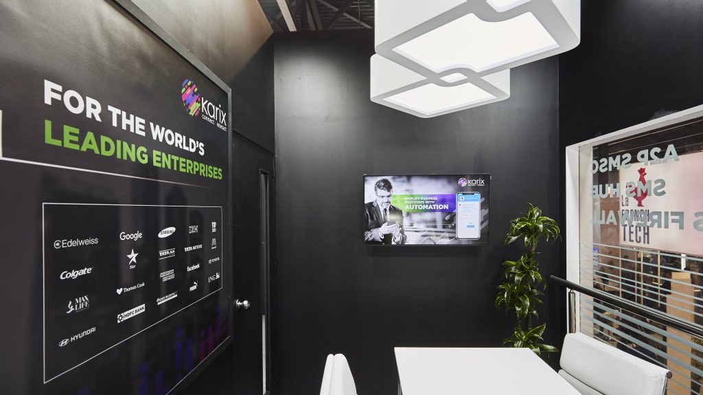 Karix stand at MWC 2019 -upstairs meeting room with glass walls and custom made elements
