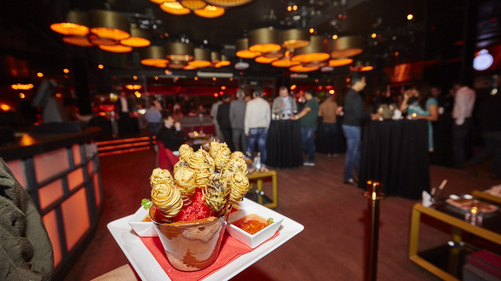Snacks being served at the evening party for Karix' clients during MWC 2019