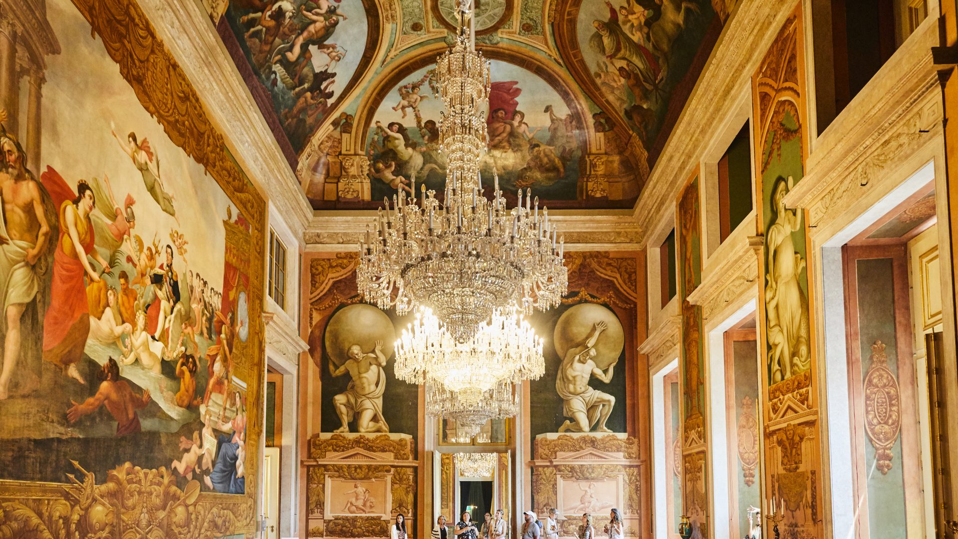 Lisbon, Portugal - palace interior with chandeliers and fresks